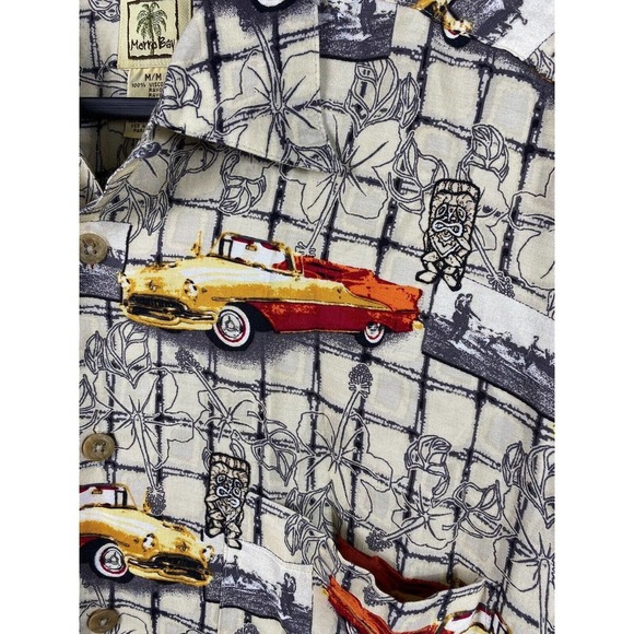 Morro Bay Hawaiian Shirt Medium Button Down Mens Hot Rod Cars Tropical Rayon - Picture 6 of 8